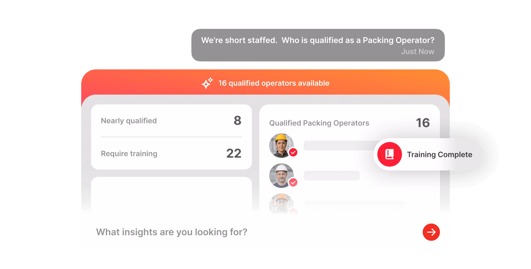 Dashboard interface showing packing operator staffing status with 16 qualified operators available, 8 nearly qualified, and 22 requiring training, alongside a chat message asking who is qualified as a packing operator.