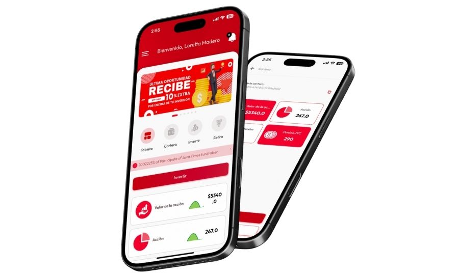 Dos teléfonos inteligentes muestran una aplicación financiera de Java 300 de Java Times Caffé en español con opciones para invertir, retirar y ver cartera, y gráficos de valor y acción.
