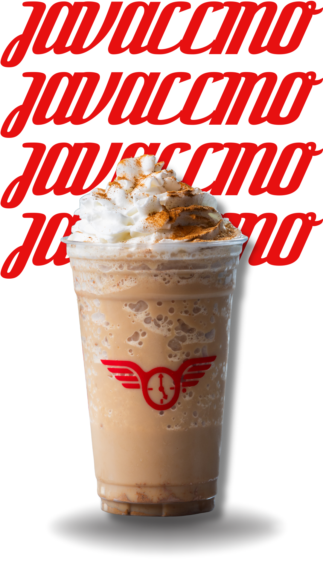 Bebida fría de café con crema batida y canela en vaso transparente con logo rojo de reloj alado, fondo con texto repetido 'javaccino' de Java Times Caffé en rojo.