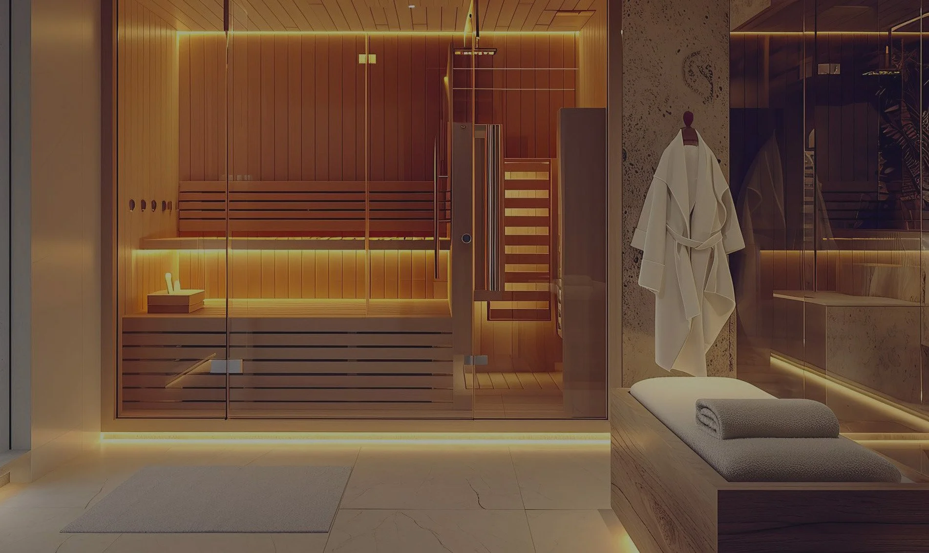 Modern sauna room with glass walls, wooden benches, infrared lightning techology, warm ambient lighting, and marble flooring outside.