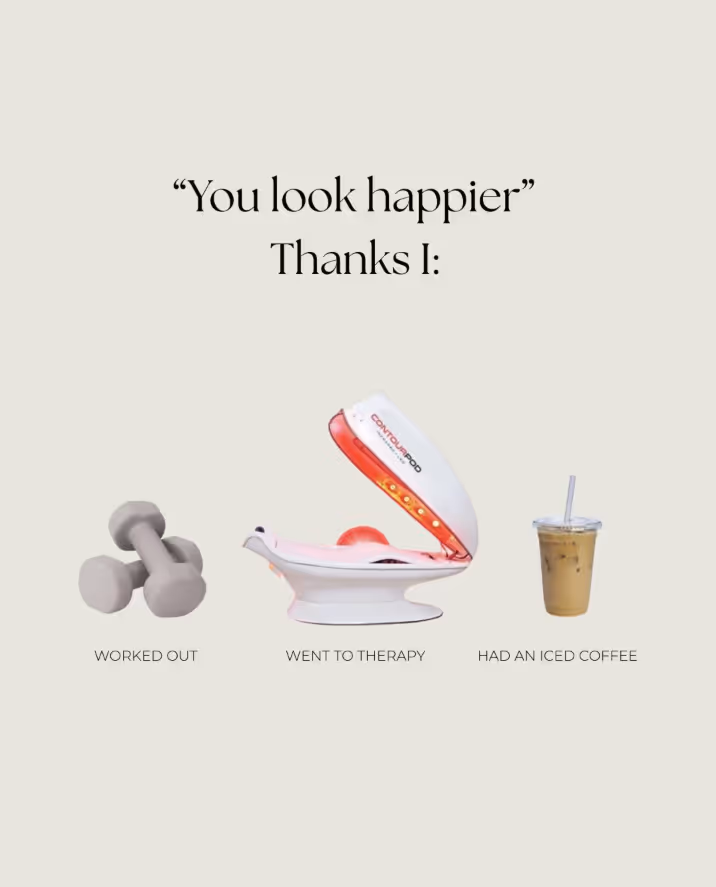 Quote saying 'You look happier' Thanks I: with images of dumbbells labeled Worked Out, a red light therapy device labeled Went to Therapy, and an iced coffee labeled Had an Iced Coffee.