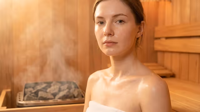 Young woman wrapped in a towel sitting in a wooden sauna with steam rising from hot stones.