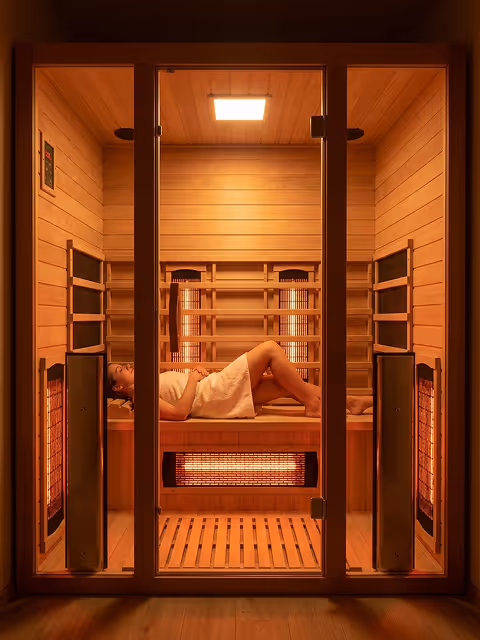 Woman relaxing inside a wooden infrared sauna, lying on a bench with a towel wrapped around her body.