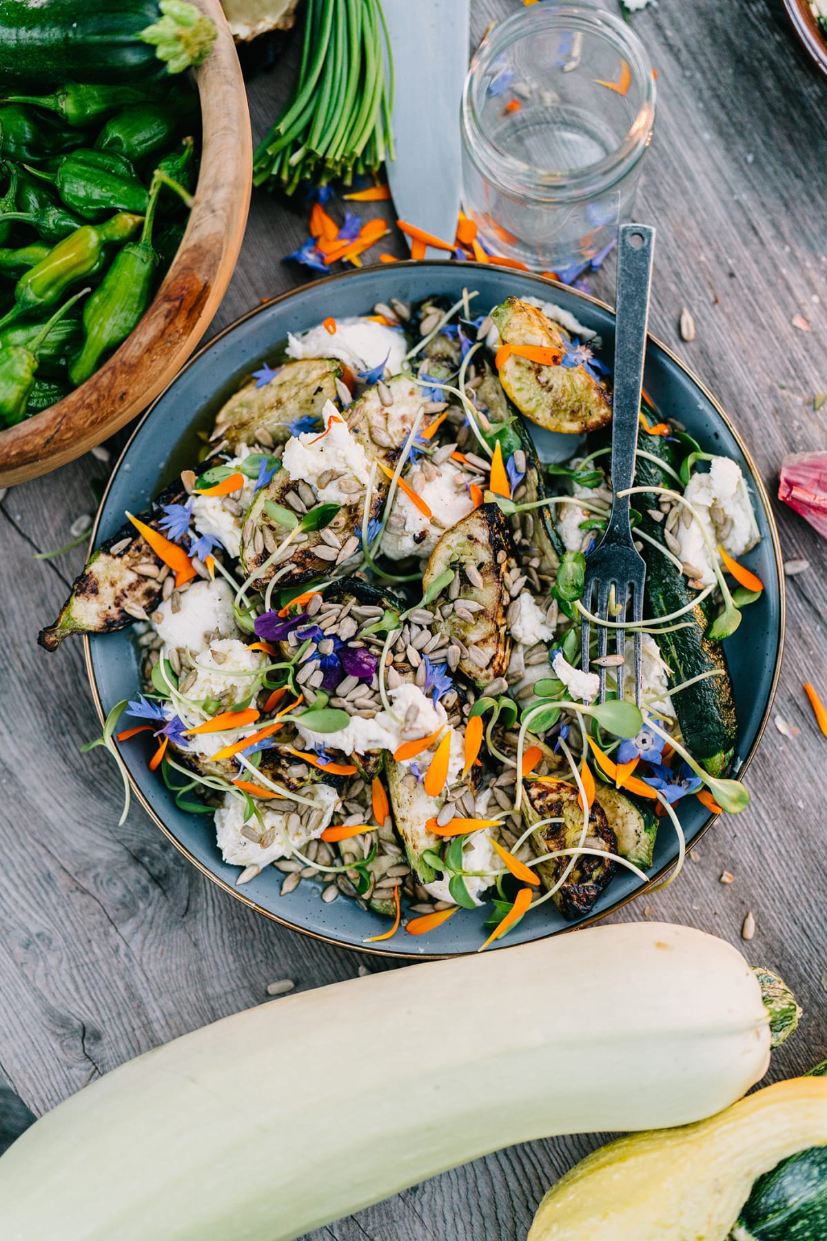 Grilled Summer Squash with Fresh Mozzarella and Toasted Sunflower Seeds
