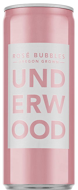 Tall pink can of Underwood Rosé Bubbles, an Oregon-grown sparkling wine.
