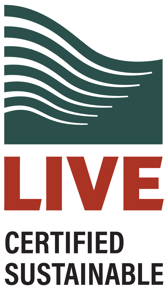 Logo with stylized green waves above the words 'LIVE CERTIFIED SUSTAINABLE' in red and black text.