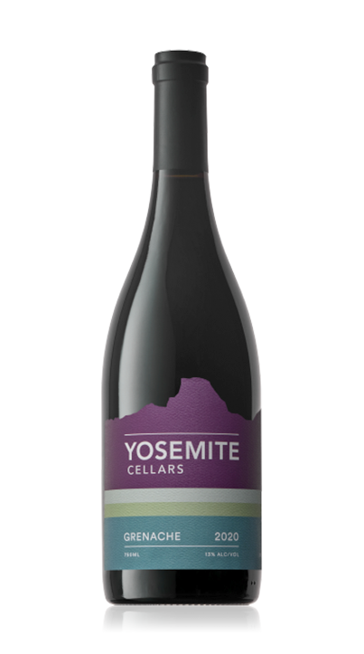 Bottle of Yosemite Cellars Grenache 2020 red wine with purple and blue label.