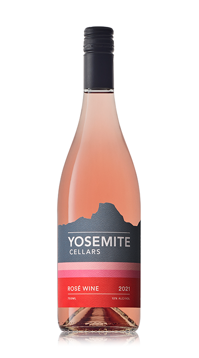 Bottle of Yosemite Cellars 2021 Rosé Wine with a pink gradient label and black cap.