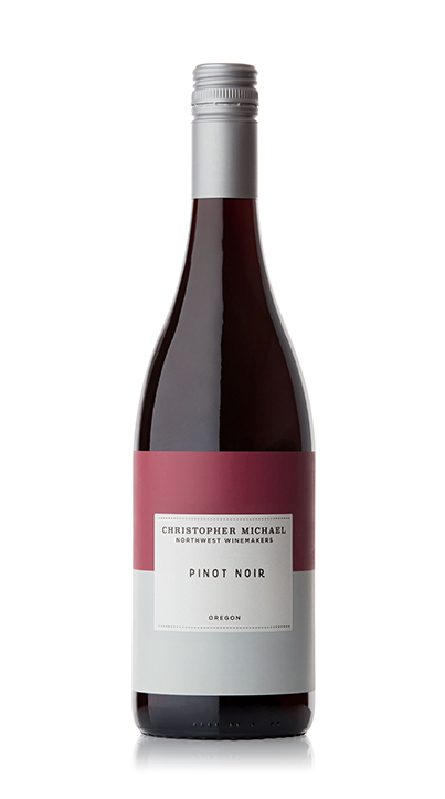 Bottle of Christopher Michael Northwest Winemakers Pinot Noir wine from Oregon with a red and gray label and silver screw cap.