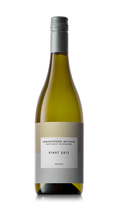 Bottle of Christopher Michael Pinot Gris wine from Oregon with a silver-gray label and screw cap.
