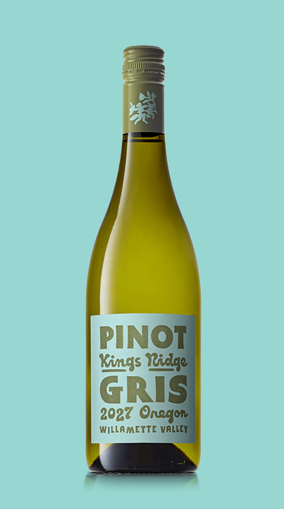 Bottle of 2027 Pinot Gris wine from Kings Ridge in Willamette Valley, Oregon.