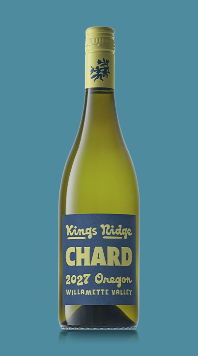 Bottle of Kings Ridge Chard 2027 Oregon Willamette Valley white wine with yellow-green label and cap.