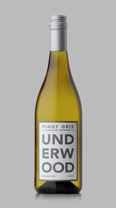 Bottle of Underwood Pinot Gris white wine with silver cap and white label on gray background.