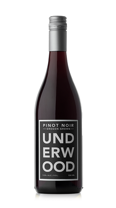 Bottle of Underwood Oregon grown Pinot Noir wine with silver screw cap and black label.
