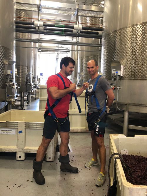 Two men wearing safety harnesses and casual work clothes jokingly facing off in an industrial winery with steel fermentation tanks and grape remnants on the floor.
