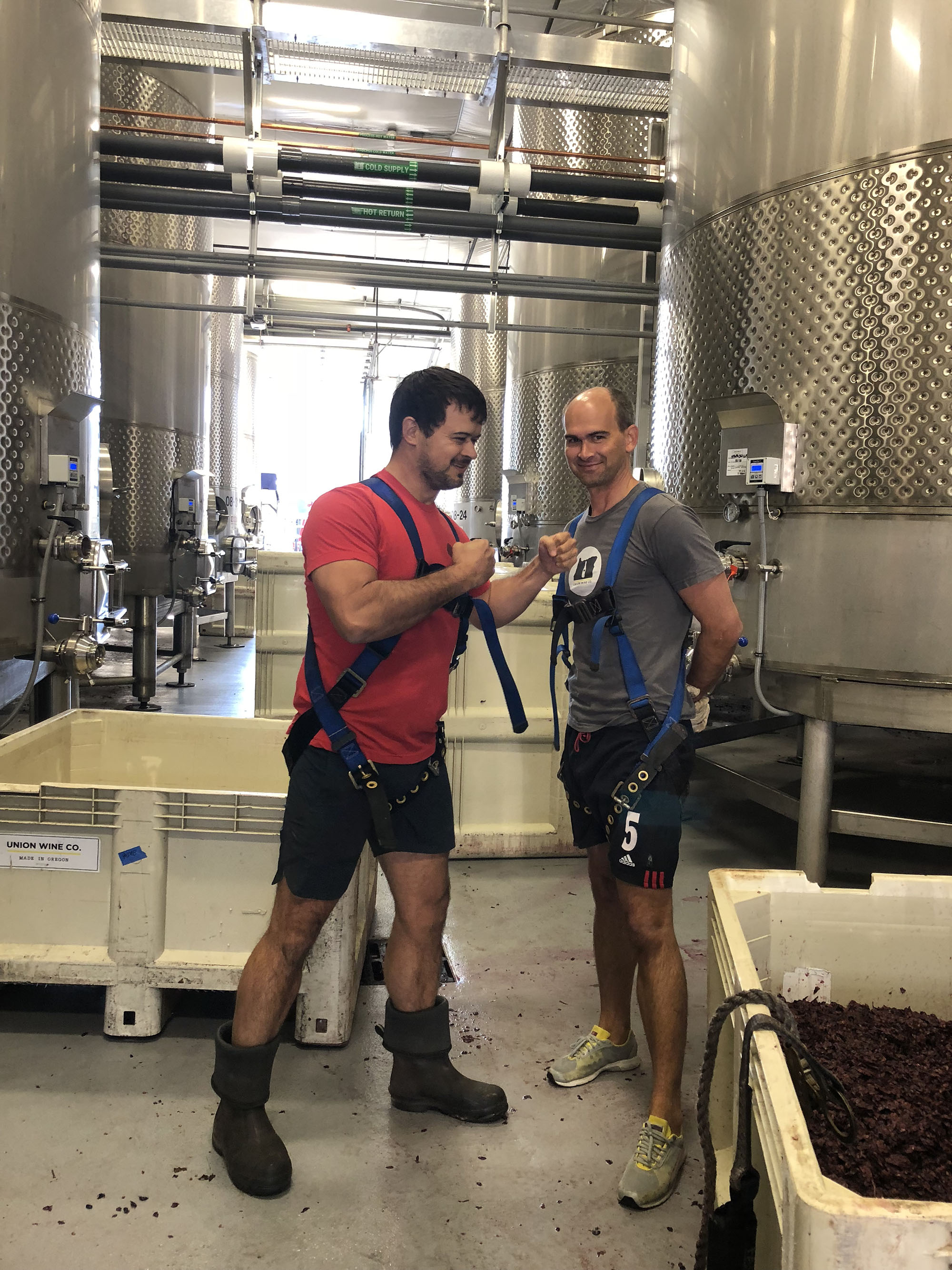 Two men wearing safety harnesses and casual work clothes jokingly facing off in an industrial winery with steel fermentation tanks and grape remnants on the floor.