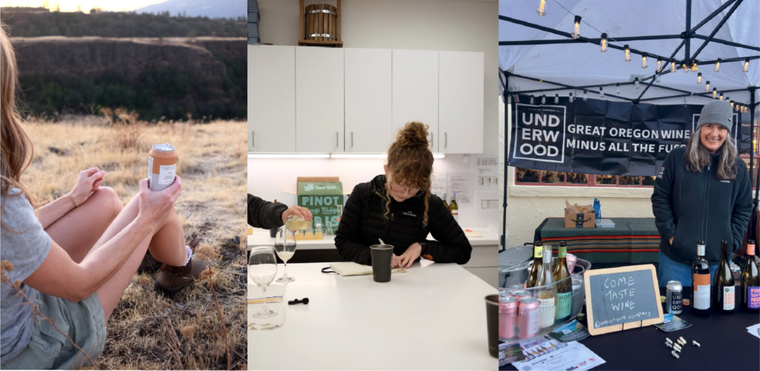 Three scenes: person sitting outdoors on dry grass holding a can, woman in a kitchen tasting wine with glasses and a notebook, and a smiling vendor at an outdoor wine tasting booth with a sign inviting to taste wine.