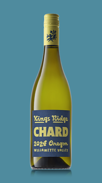 Bottle of Kings Ridge Chard 2024 Oregon Willamette Valley white wine with blue and gold label.