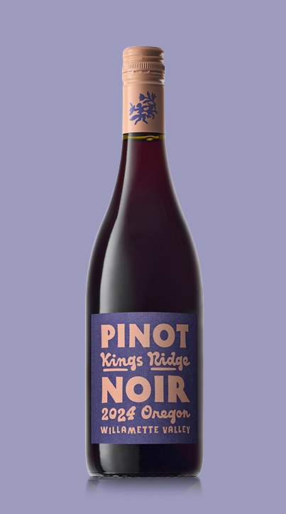 Bottle of 2024 Kings Ridge Pinot Noir wine from Willamette Valley, Oregon, with a purple and beige label.