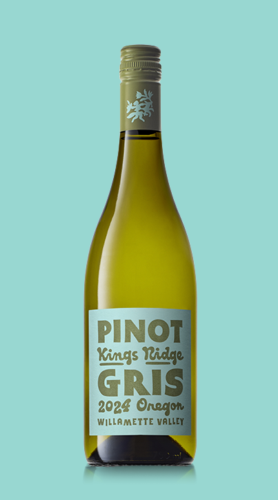 Bottle of 2024 Pinot Gris Kings Ridge white wine from Oregon Willamette Valley with light blue label and olive green screw cap.