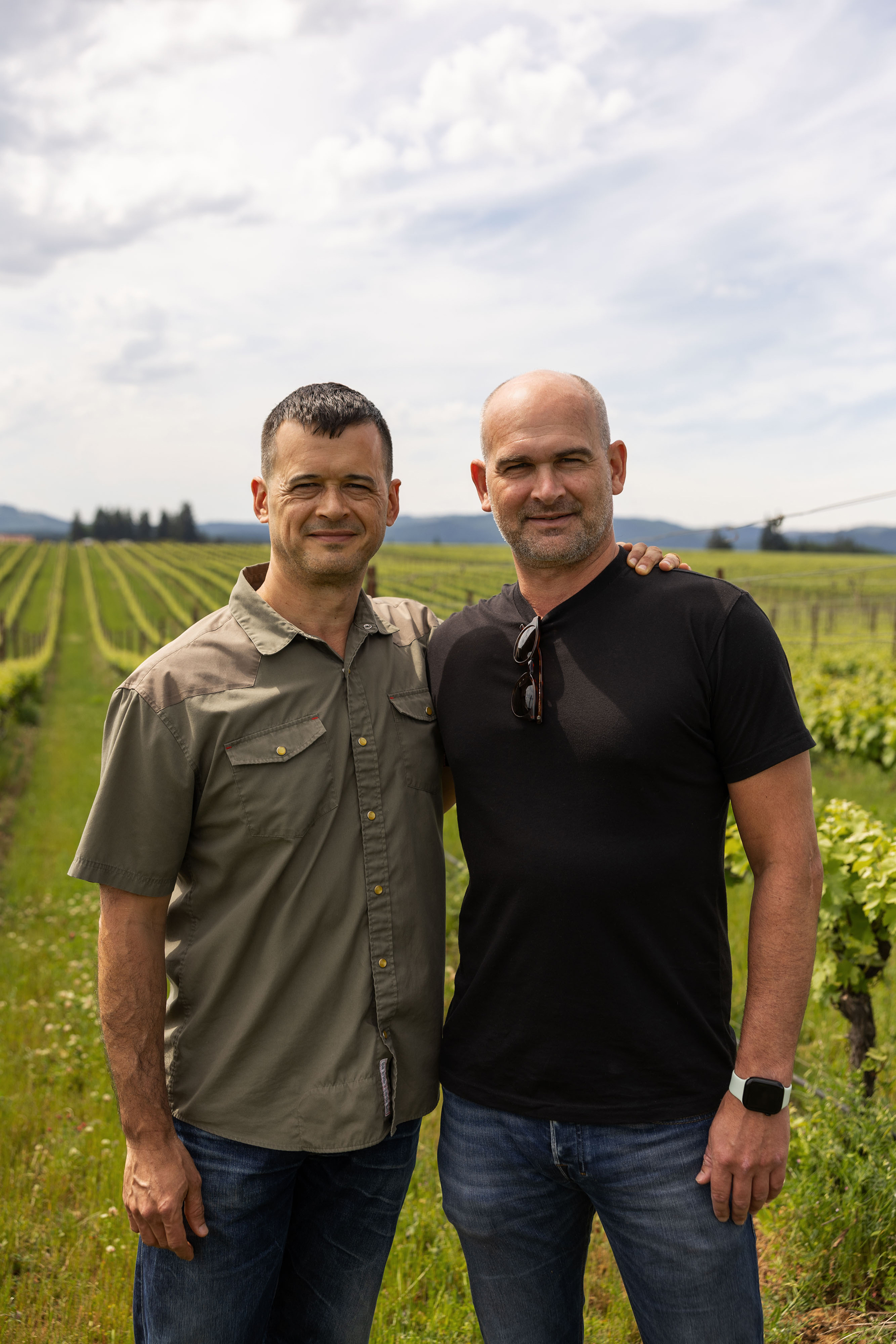 Two men standing in a sunlit vineyard with rows of green grapevines, accompanied by a blue heeler dog lying on the grass.