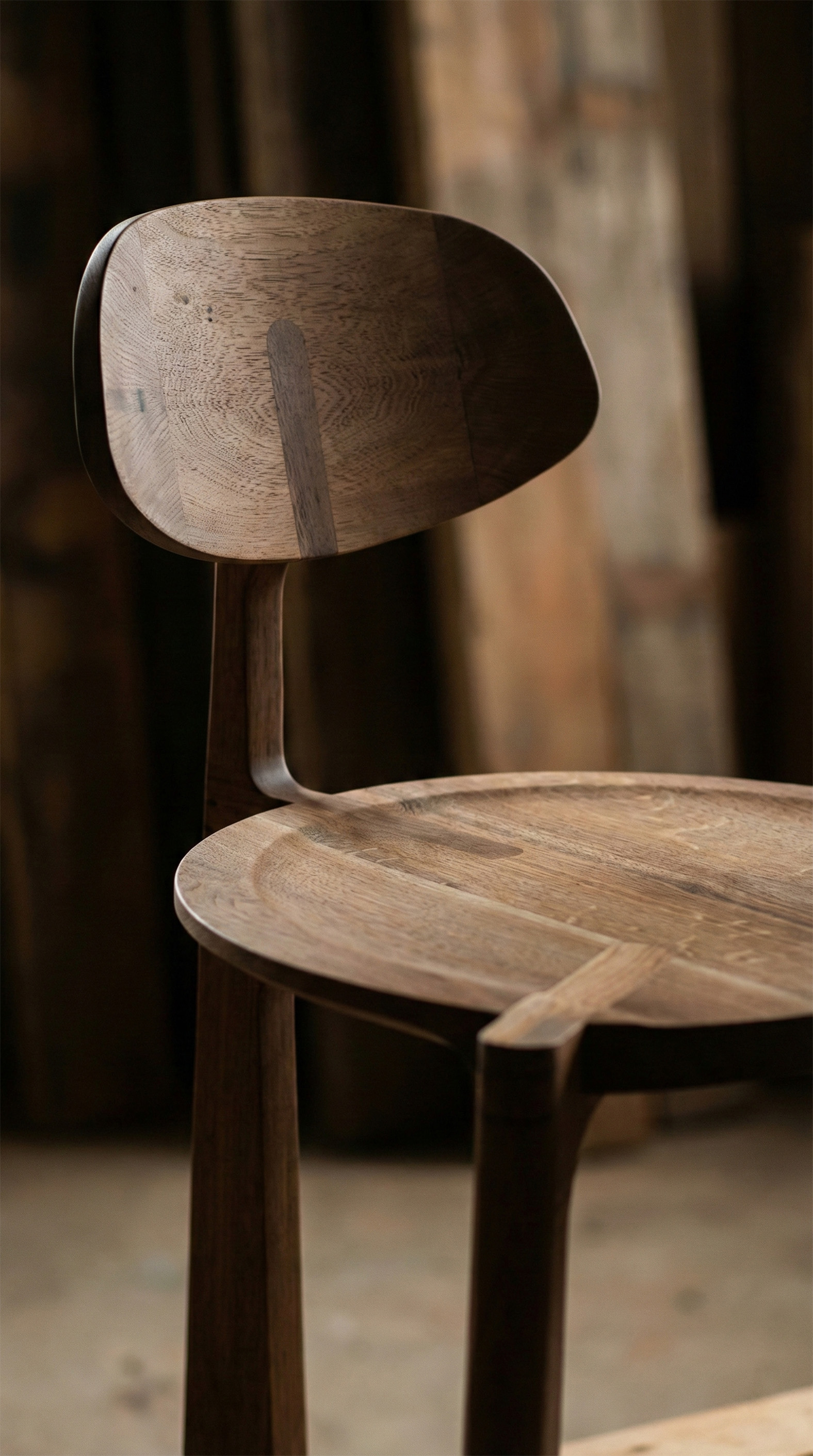 Close-up of a rustic wooden chair with a curved backrest and round seat in warm lighting.