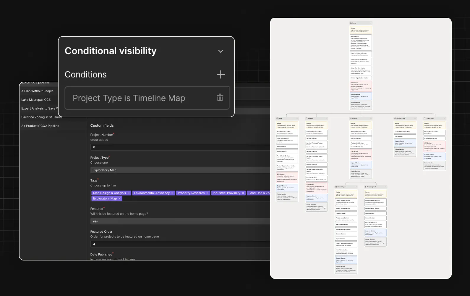 Hidden Landscape CMS collection, element features, and sitemap