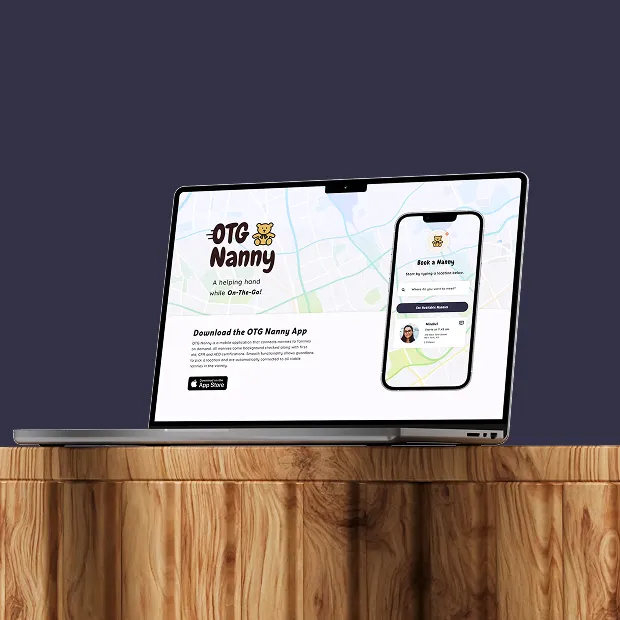OTG Nanny landing page on a laptop