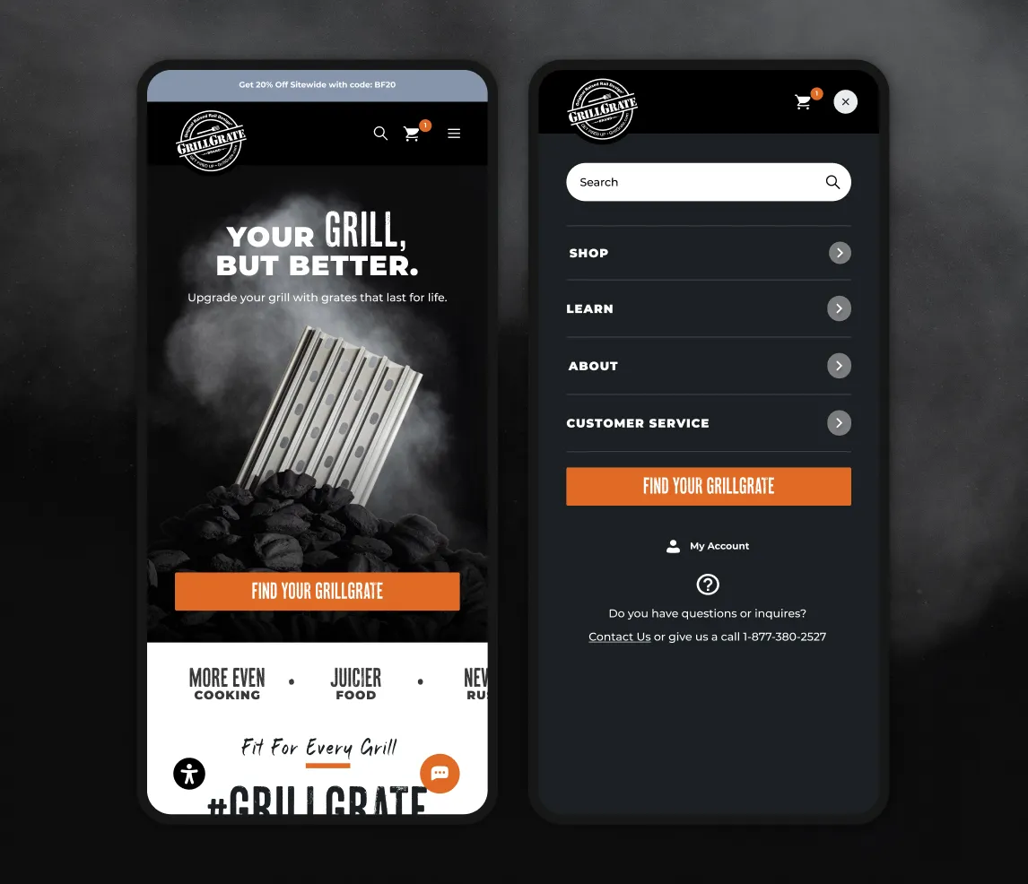 Two cell phones displaying the GrillGrate hero and mobile menu