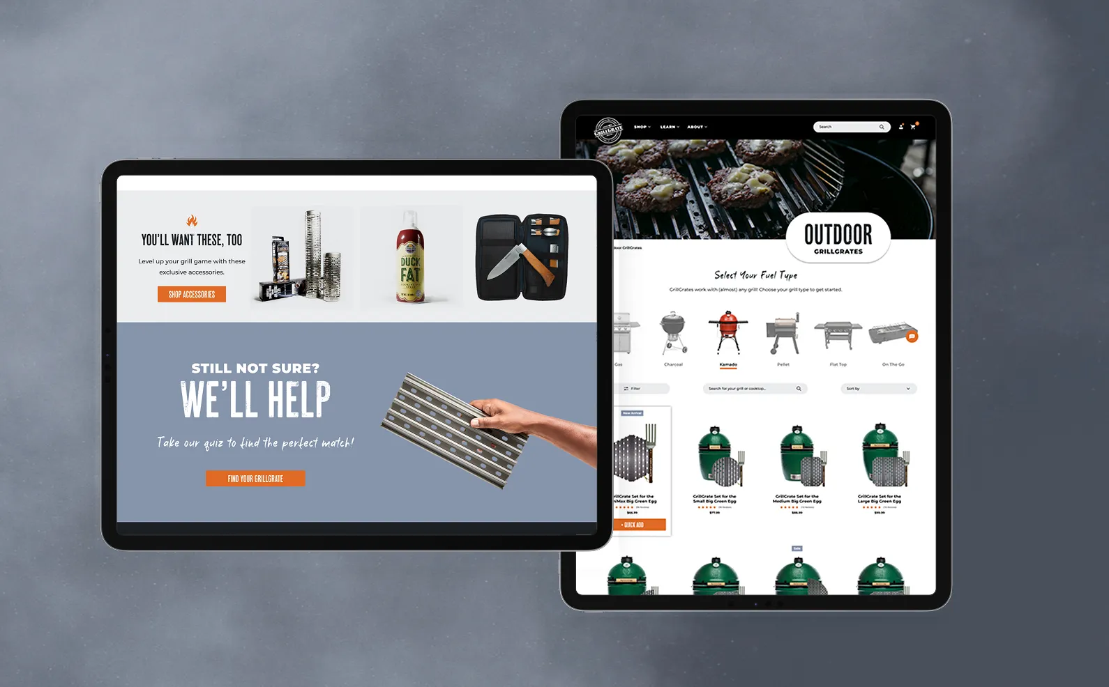 Two tablets displaying the GrillGrate website on a decorative background