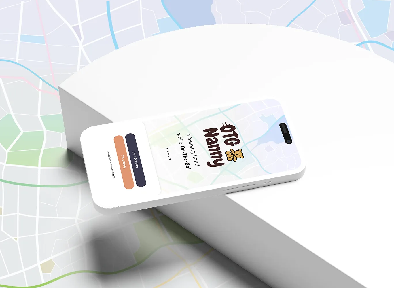 OTG Nanny app intro screen on a decorative background