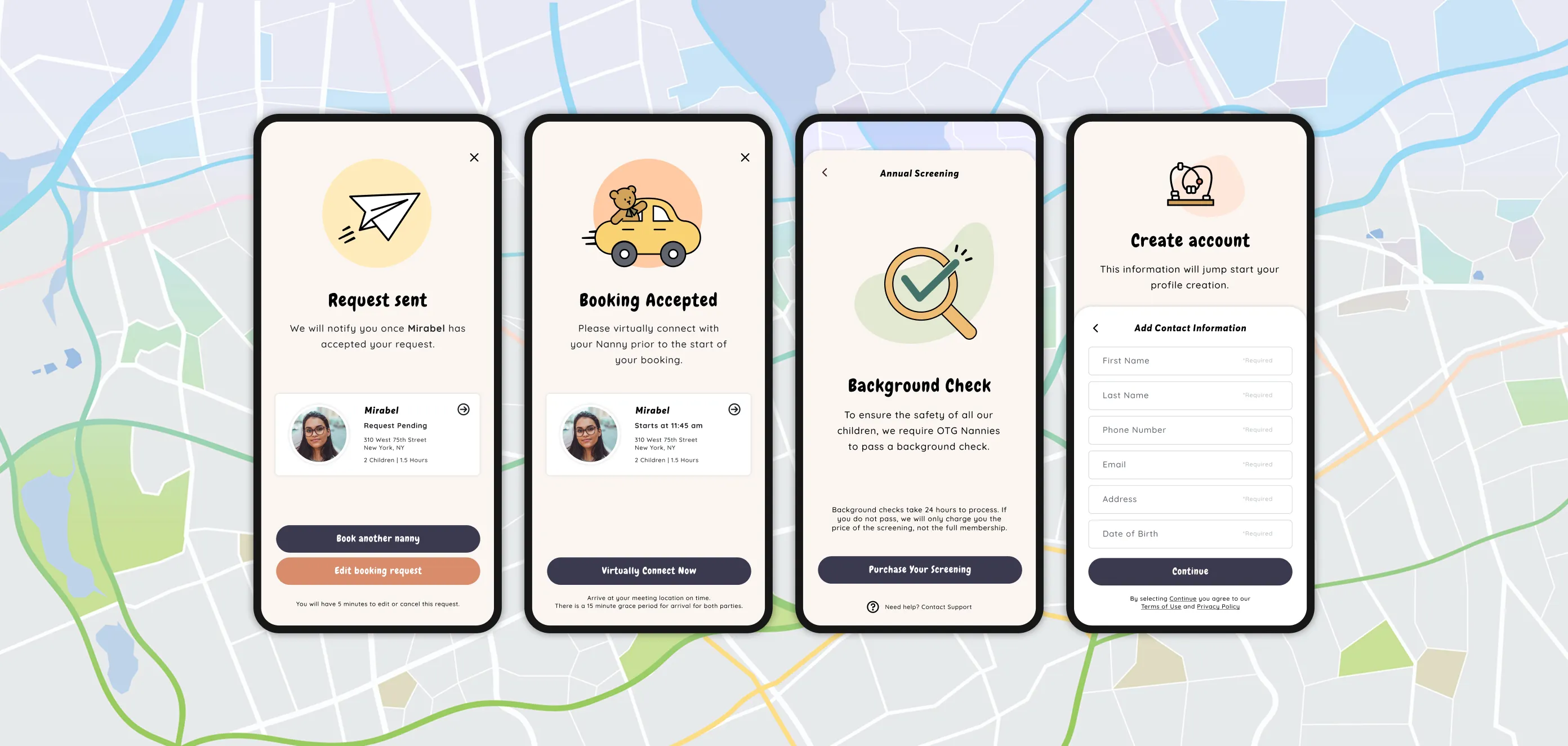 Different screens of the OTG Nanny app with a map in the background