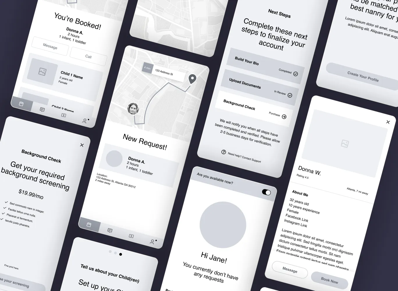 Wireframes of the OTG Nanny app