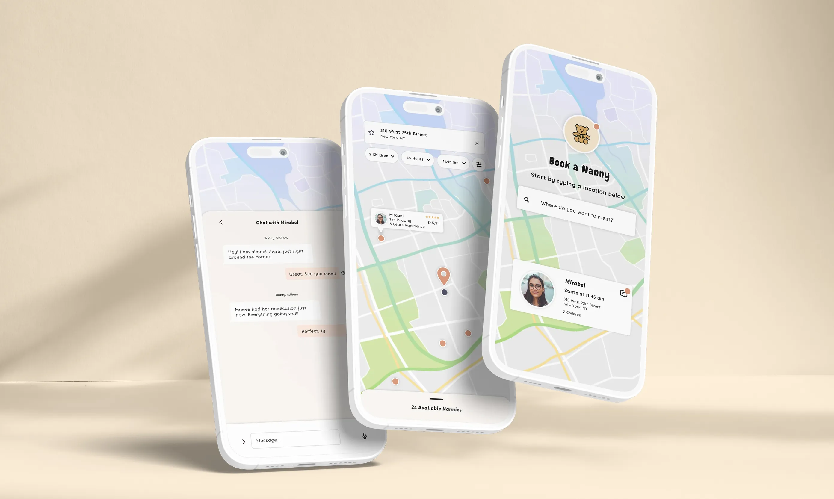 Multiple screens of the OTG Nanny app on mobile devices