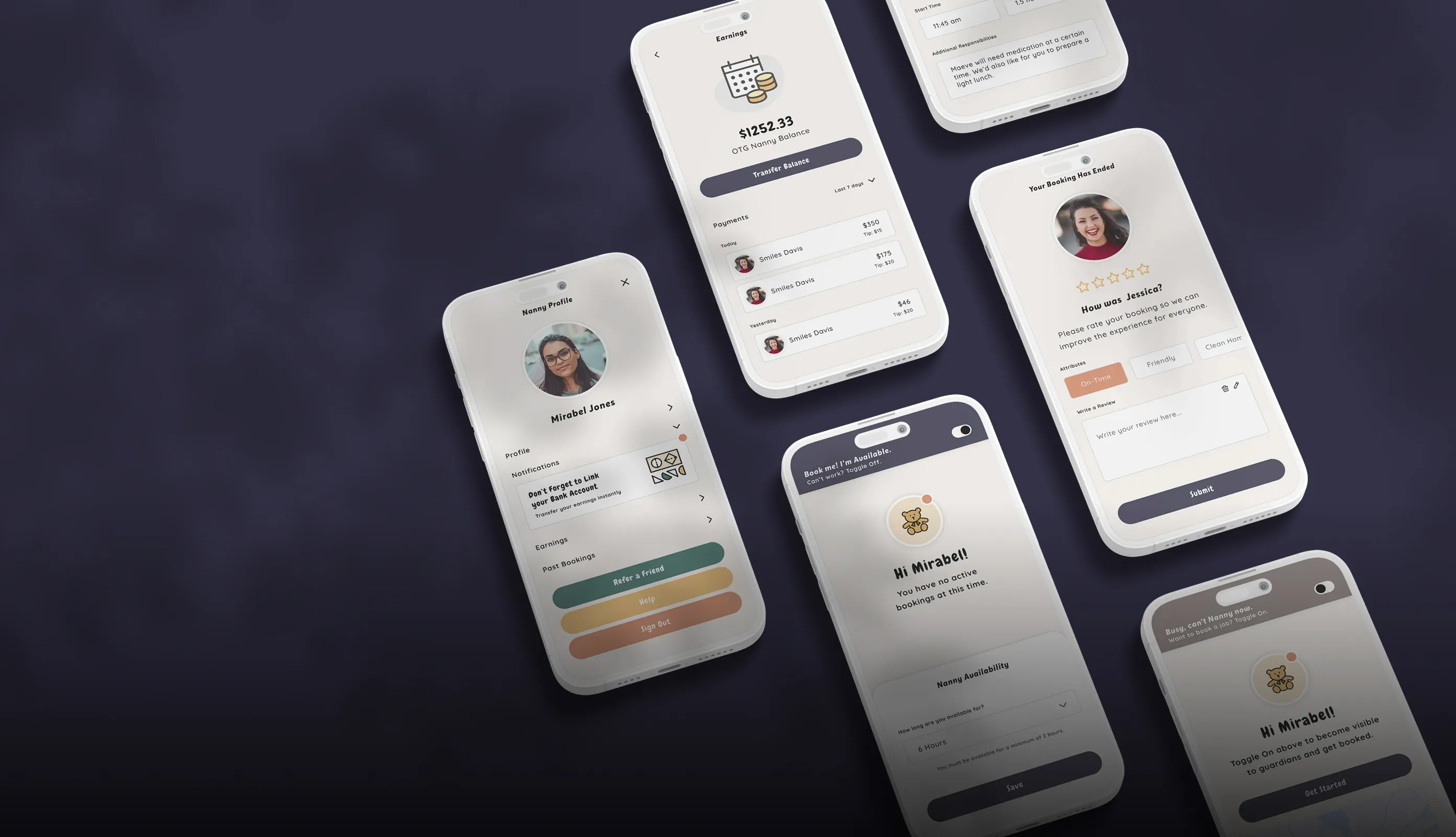 Multiple phones showing different screens of the OTG Nanny app