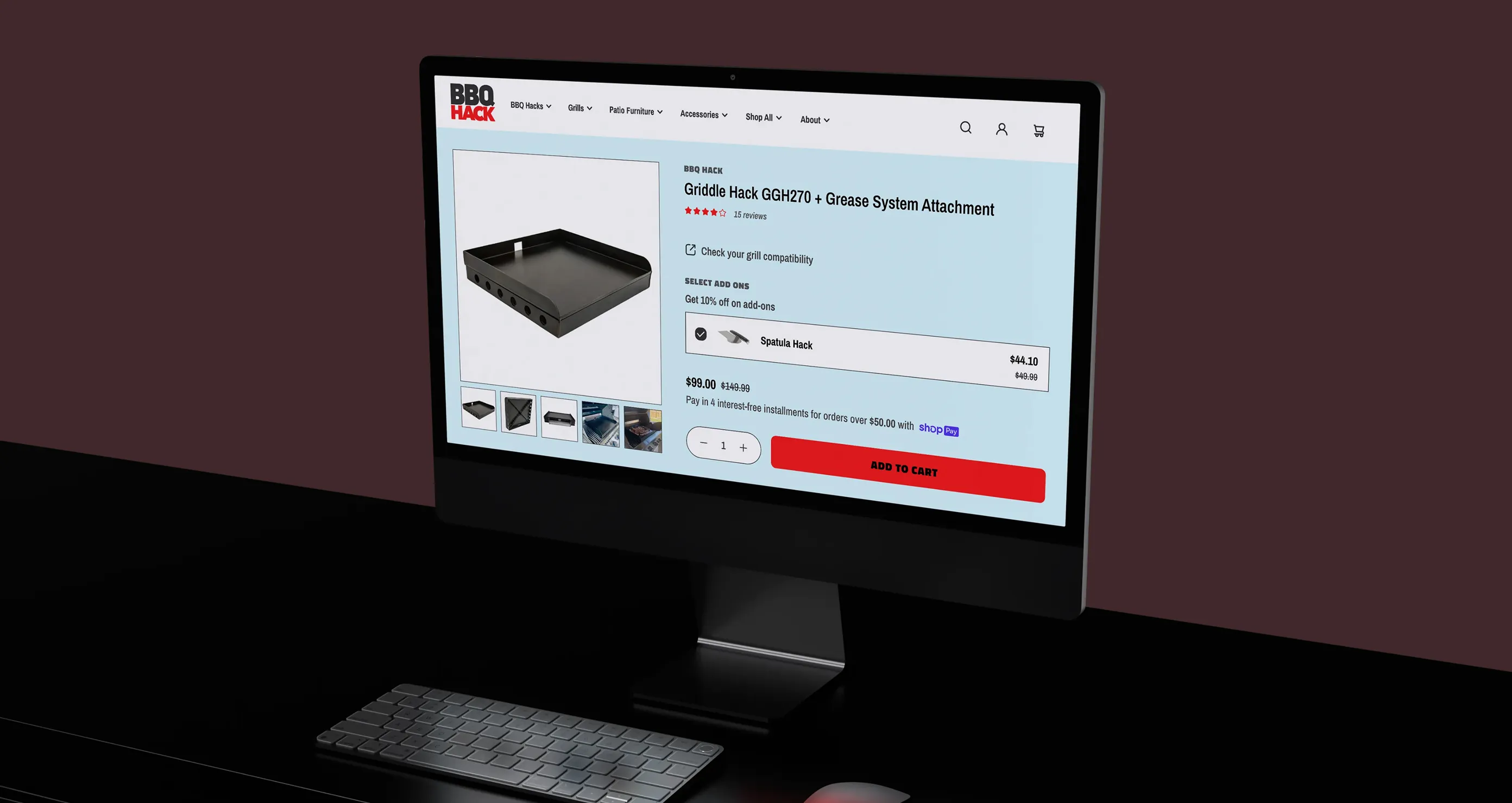 Desktop computer with a product page from BBQ Hack's website