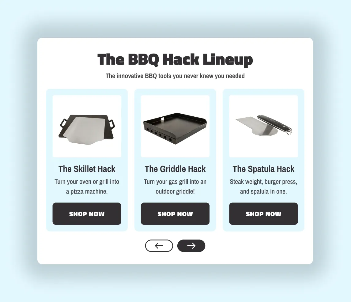 Layout for BBQ Hack showing the BBQ Hack product lineup