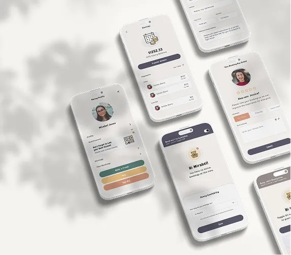 Six smartphones displaying various screens of a user profile and app interface with payment, settings, and ratings.