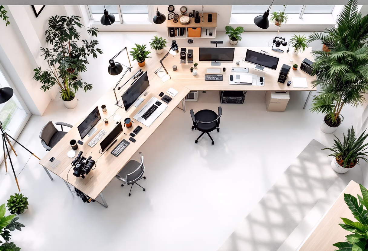 [background image] image of office workspace with desks (for a film production company)