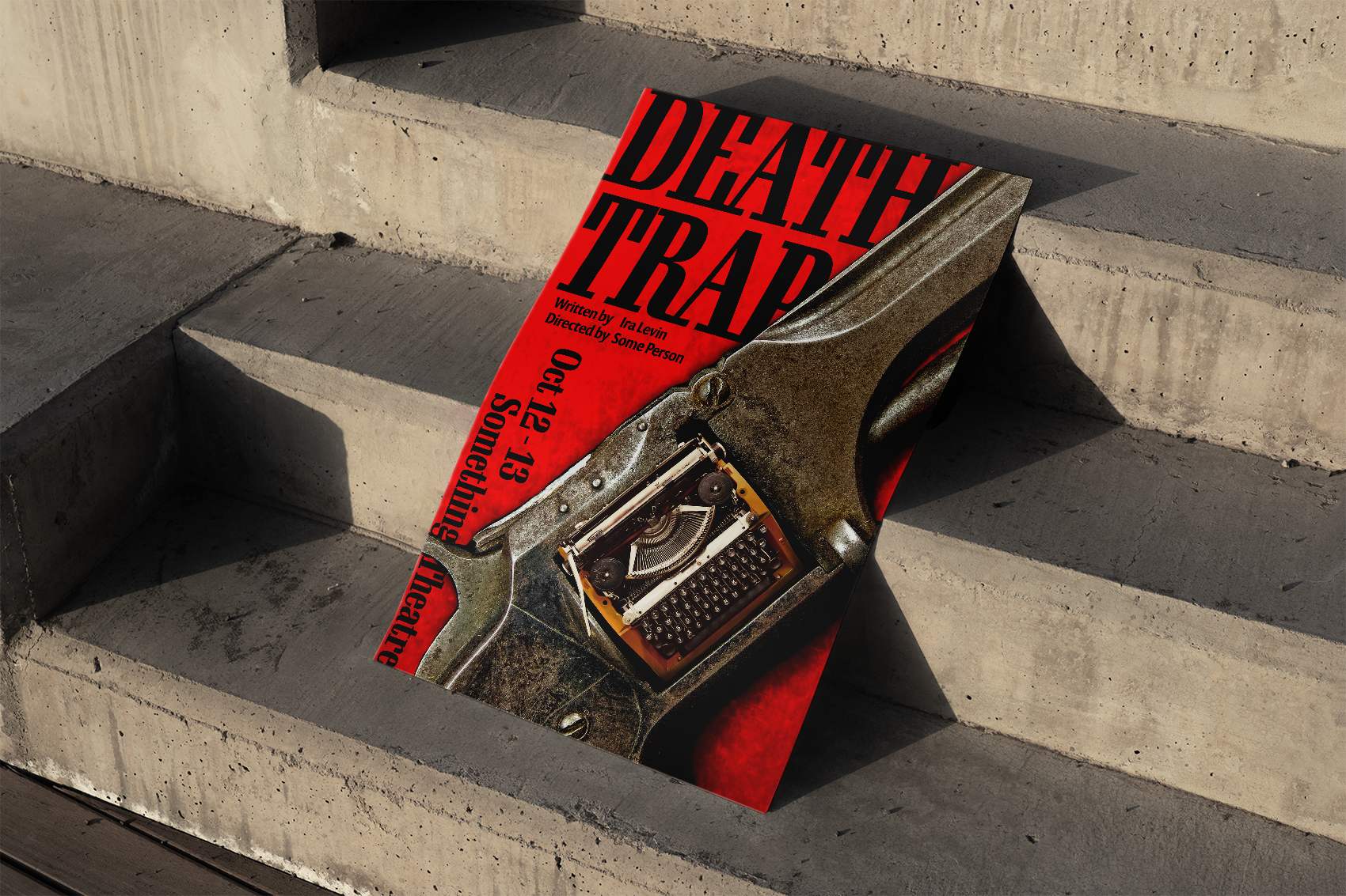 Poster of a gun revolver with a typewriter inside the barrel - the poster leans on a set of stone steps