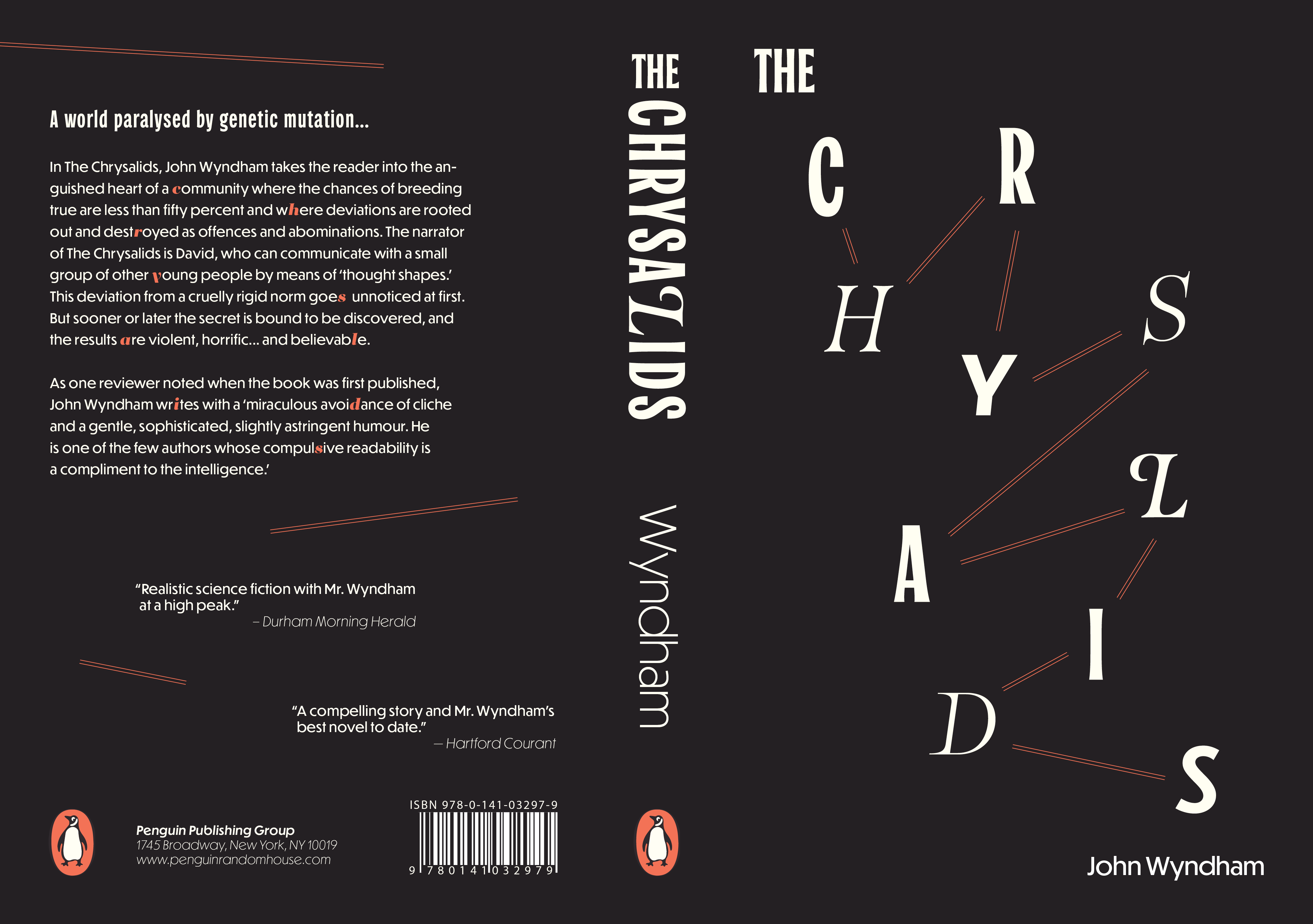 Flat image of full "The Chrysalids" book cover including spine