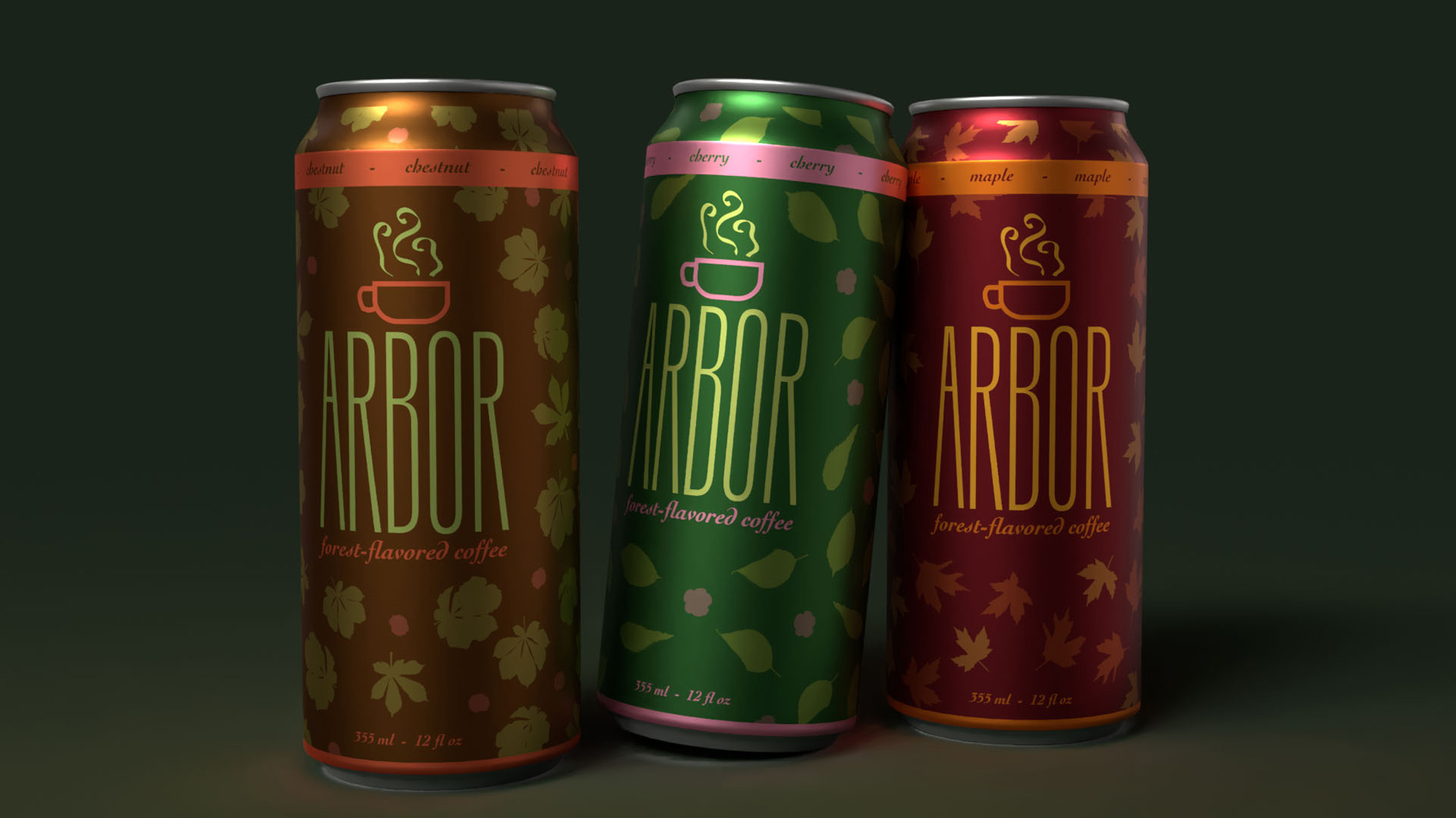 Three cans labelled "Arbor - forest flavored coffee" sit together in a dark green space