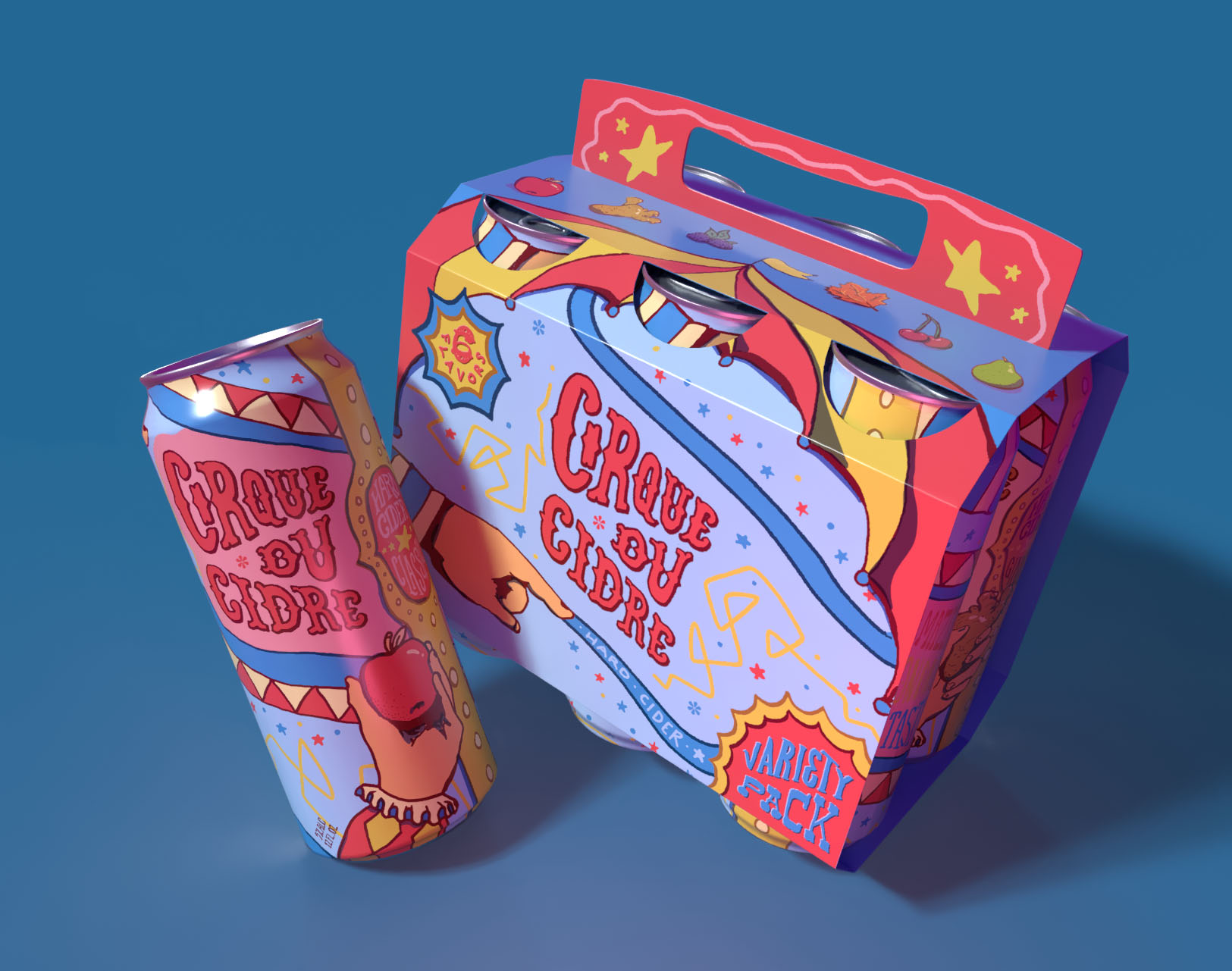 A single can and a six-pack of hard cider reading "Cirque du Cidre" rendered on a light blue background