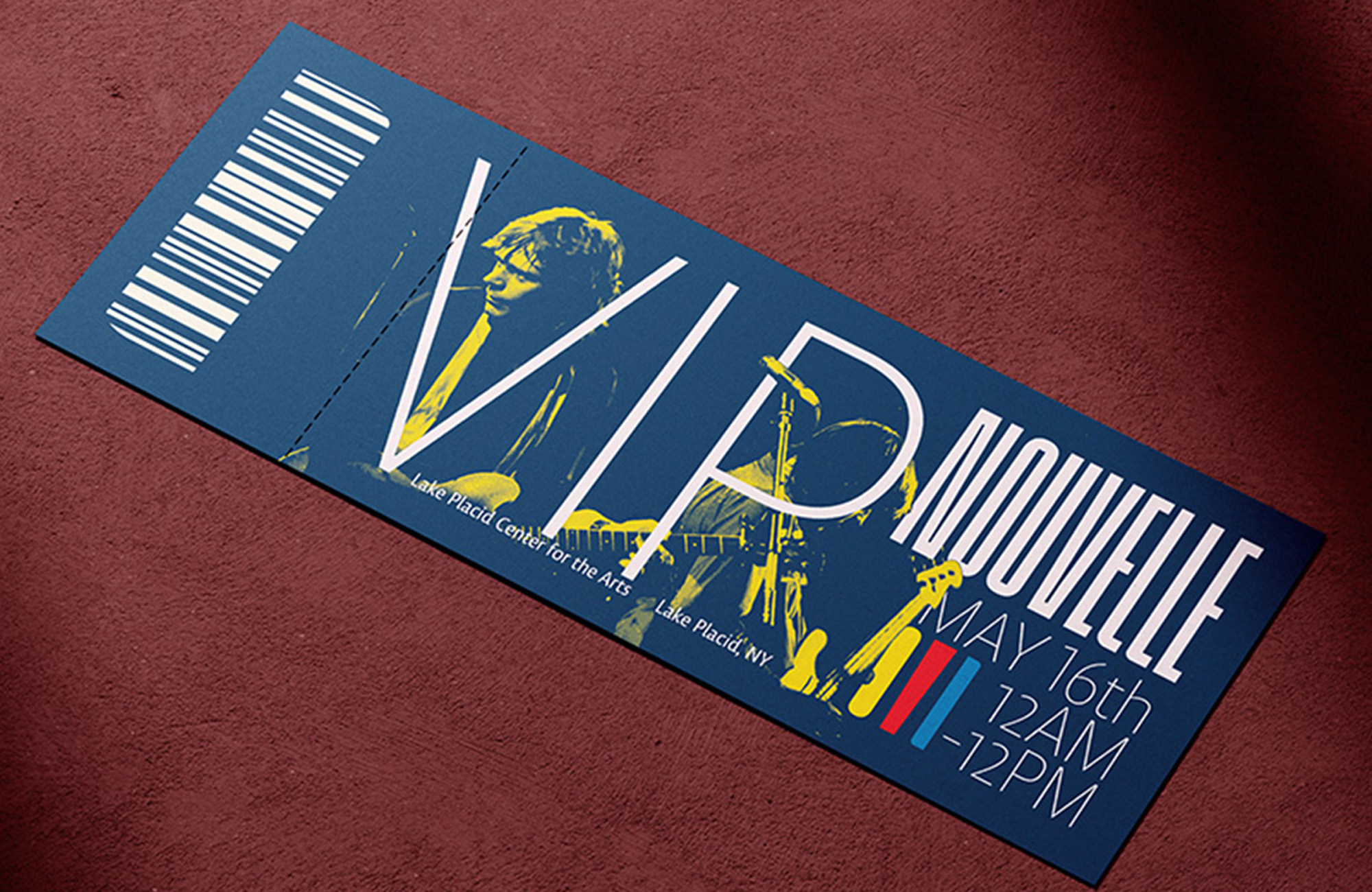 Dark blue ticket for "Nouvelle" music festival displayed on a red background