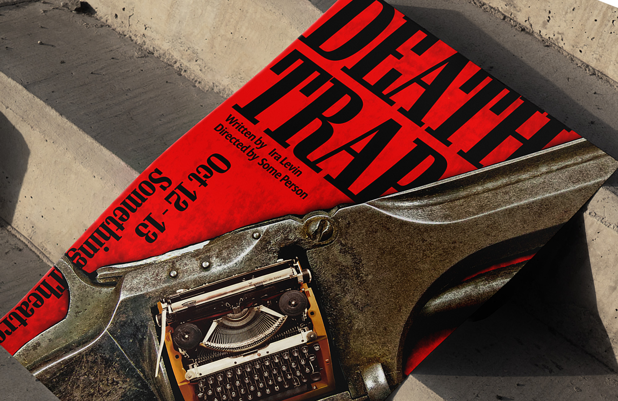 Poster of a gun revolver with a typewriter inside the barrel - the poster leans on a set of stone steps