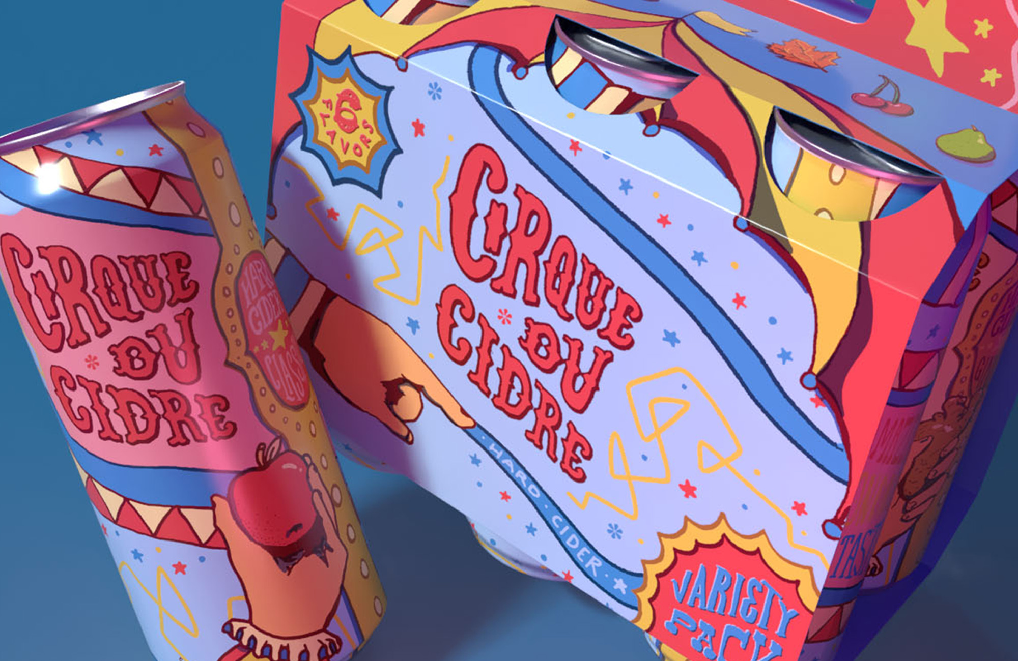 A single can and a six-pack of hard cider reading "Cirque du Cidre" rendered on a light blue background