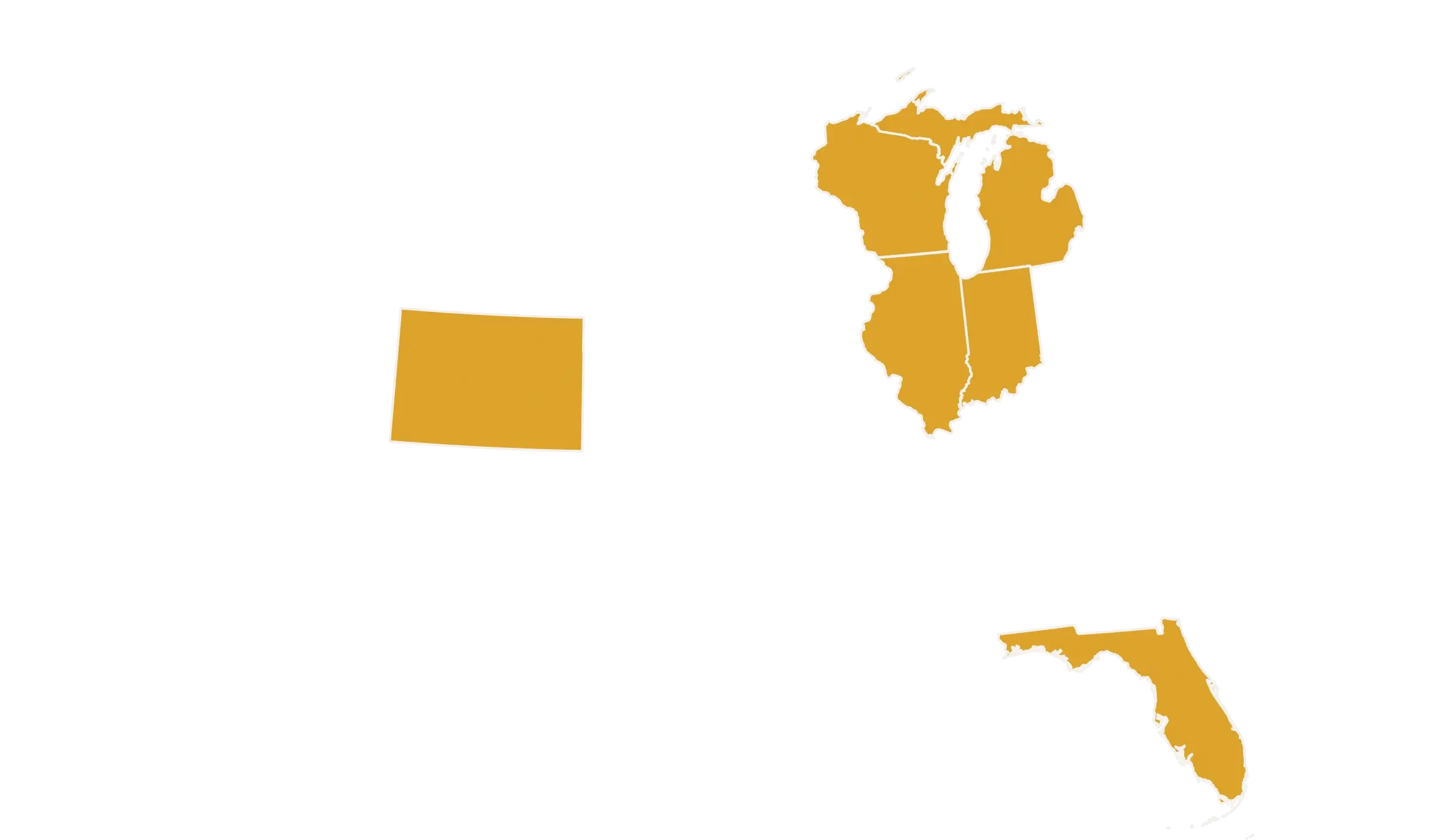 Highlighted maps of three U.S. regions: Colorado, the Great Lakes states, and Florida, all in gold against a black background.