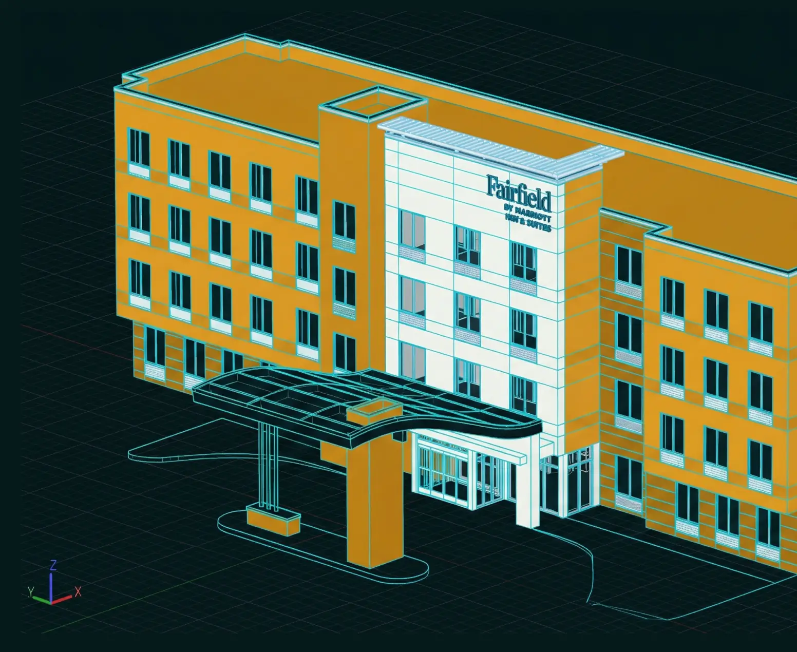 3D architectural model of a four-story Fairfield by Marriott hotel with an entrance canopy and multiple windows.
