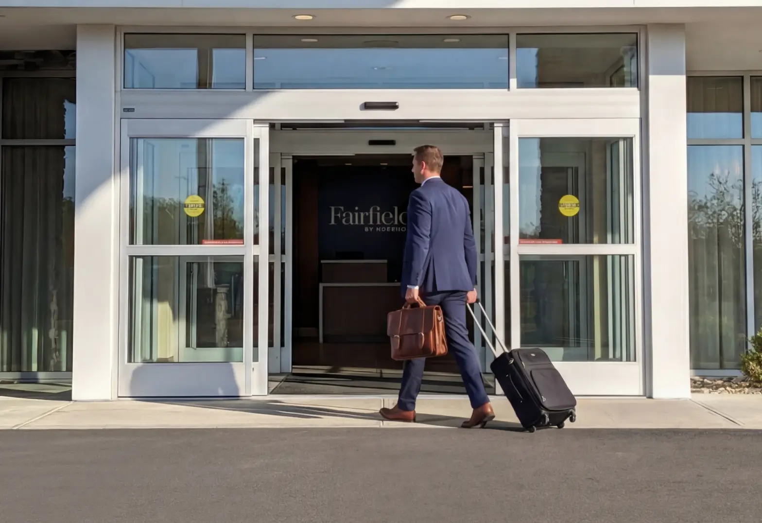 Businessman in a blue suit carrying a briefcase and rolling a suitcase walking into a hotel entrance.