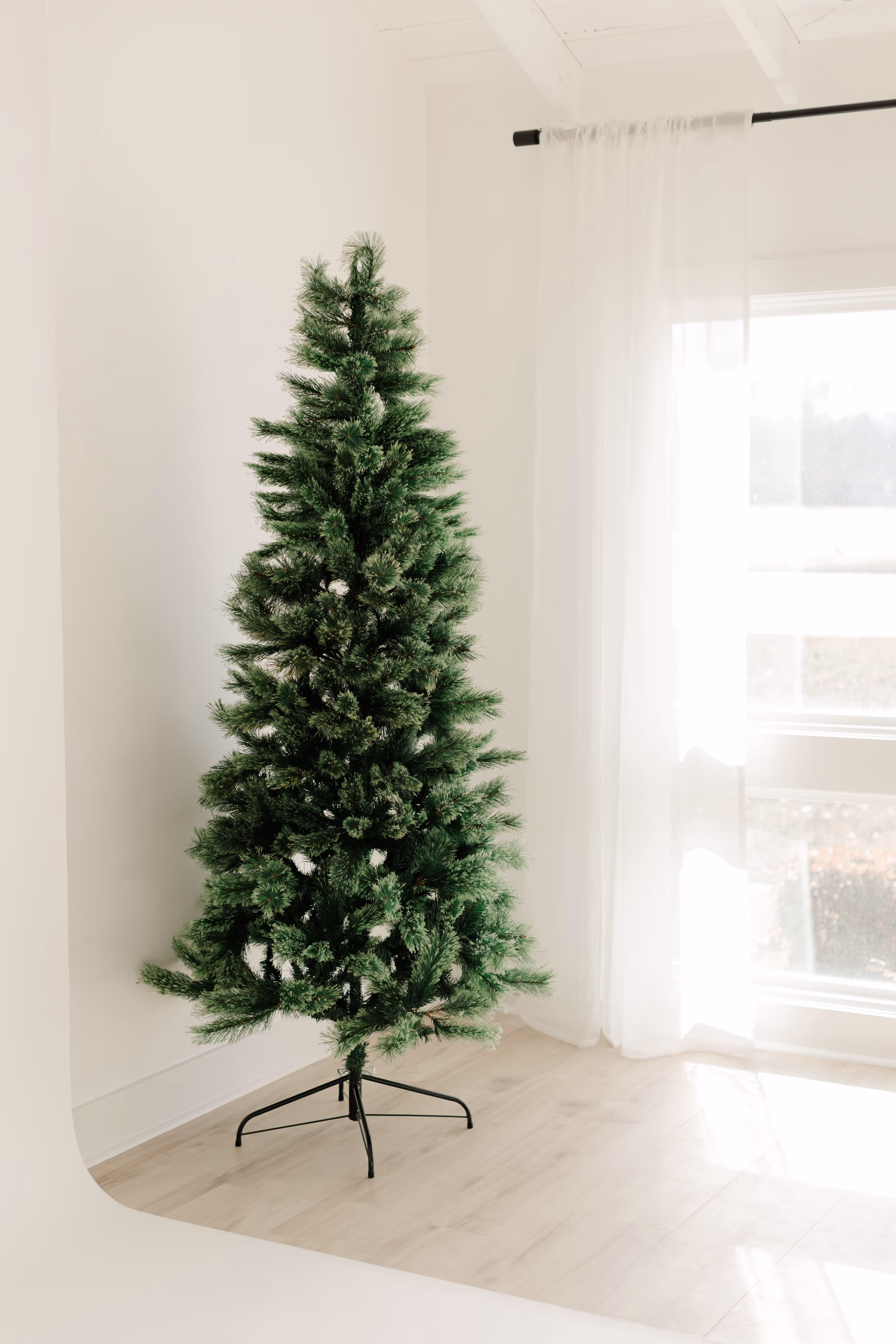 A Christmas tree in front of a window, natural light beaming.